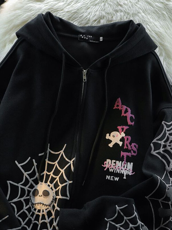 Deeptown Y2K Gothic Skull Print Hoodies Women Grunge Hip Hop Zipper Oversized Sweatshirt Harajuku Casual Tops Jackets Streetwear