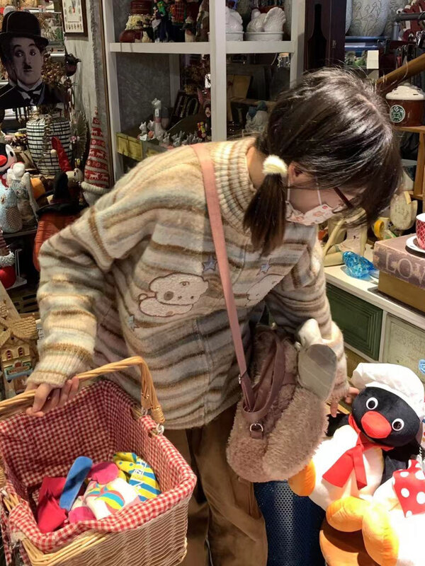 Deeptown-Cardigã feminino bordado para cães Harajuku Kawaii, suéter de malha listrada vintage, malhas com zíper, top Y2K, japonês
