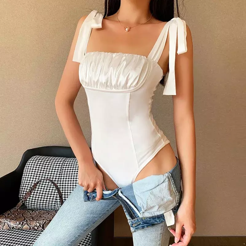 Lace up Sleeveless Front Ruched Bodysuit Women Sexy Backless Patchwork Bodycon Skinny Elastic Sexy Summer New Bodysuit club