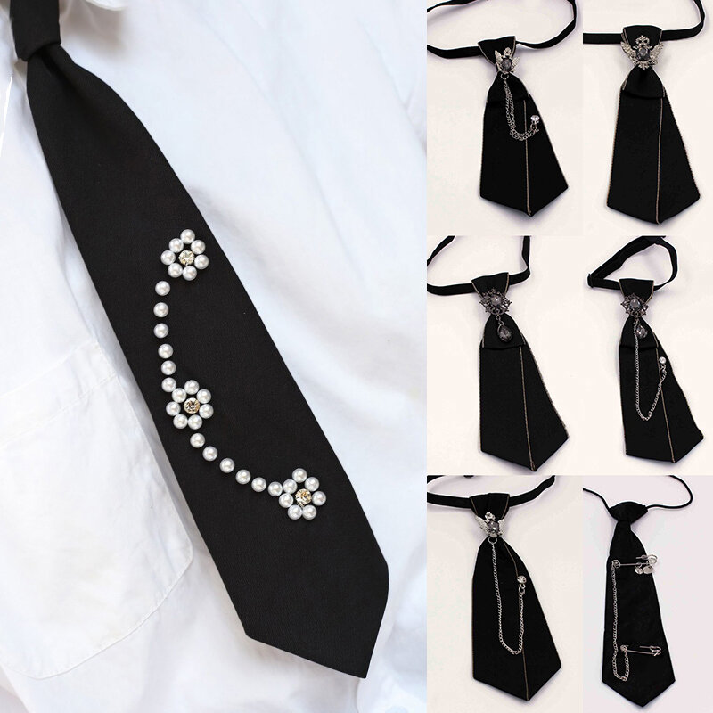 JK School Uniform Necktie for Women Crystal Rhinestone Collar Neck Tie Black Punk Gothic Shirts Bow Ties Neckwear Jewelry