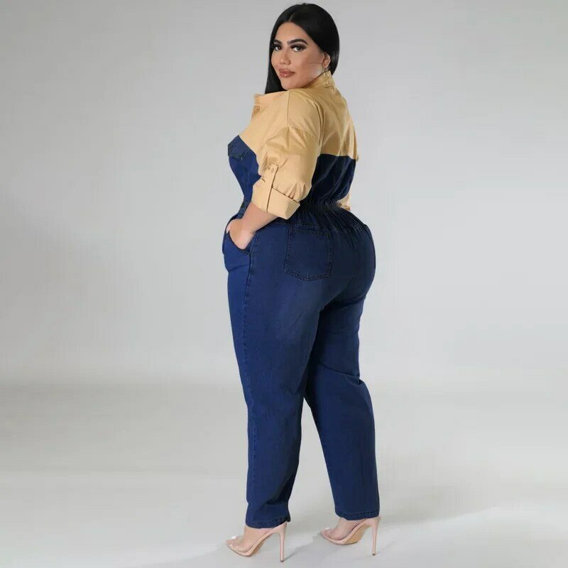 WUHE Patchwork Denim Jumpsuit Plus Size Women Long Sleeve Elegant Packets One Piece Overall Jeans Romper Casual Street Outfit