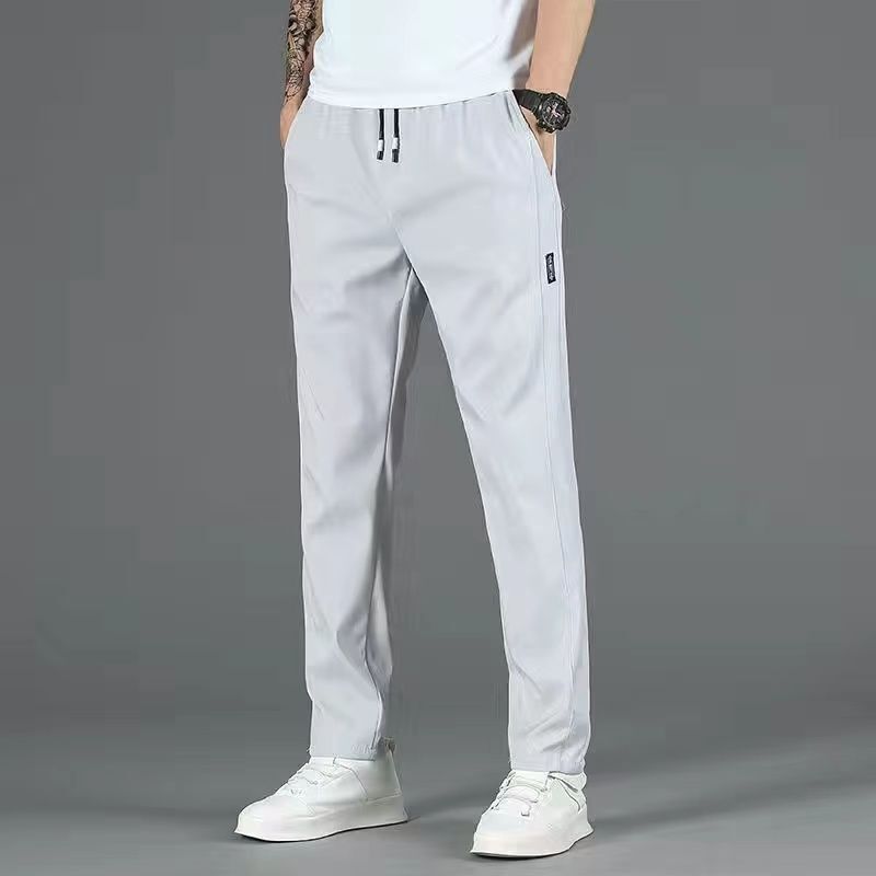Summer Elastic Waist Loose Breathable Ice Silk Casual Pants Men's Solid Drawstring Pockets Sports Quick Drying Straight Trousers