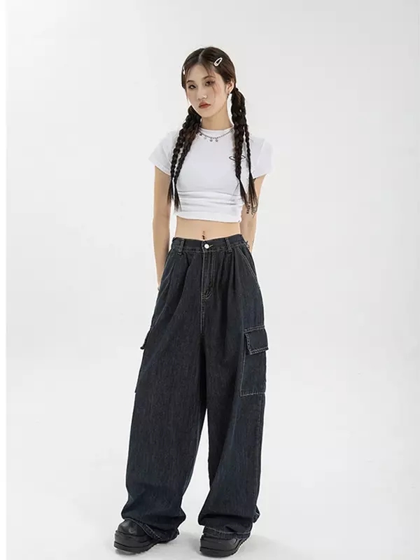 Herbst Frauen Harajuku Cargo Baggy Blue Jeans Streetwear Hip Hop Overs ize lässig weites Bein Vintage Jeans hose lose Hose