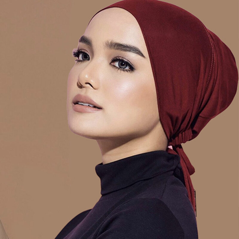Women Underscarf Hijab Cap Islamic Hijab Undercap Bonnet Cap Muslim Inner Beanies Hat Turban Caps with Ties Back Closure