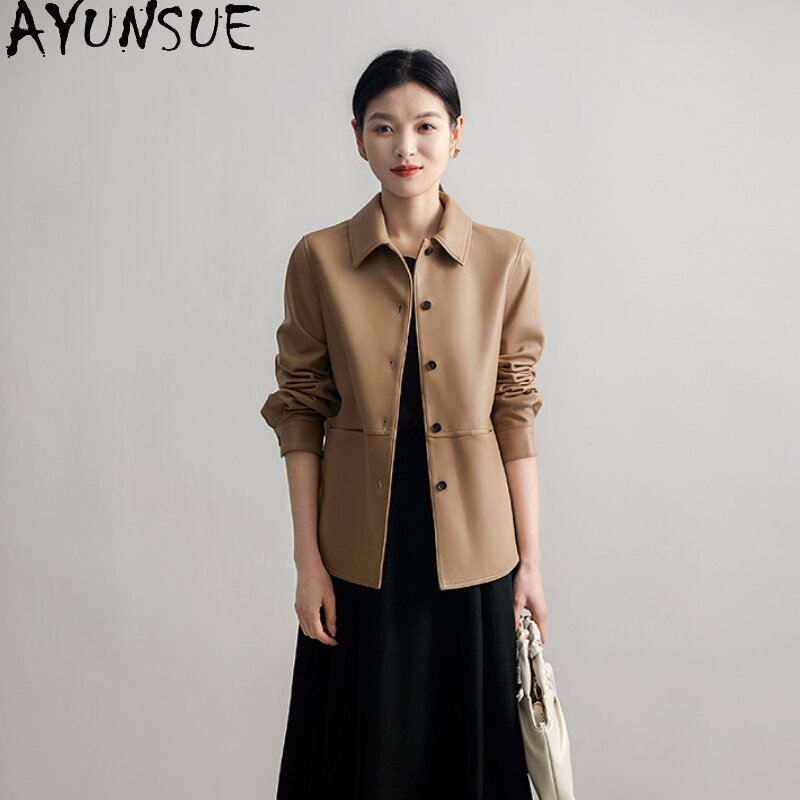 AYUNSUE New Genuine Leather Jacket Women 2023 Elegant Single-breasted Leather Jackets Real Sheepskin Coat Nine Quarter Sleeve