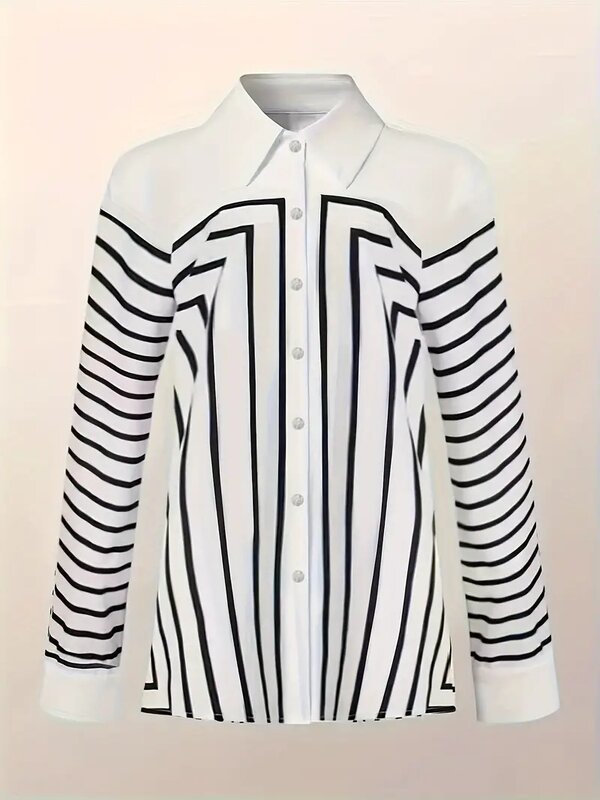Women's Shirts & Blouses,Elegance Black and White Line Print Button Shirt,2024 Spring & Summer Plus Size Female Clothing Blouses