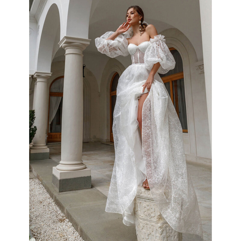 Vestido de noiva de tule com manga puff removível para mulheres, sem encosto, vestido corte plissado, decote querida