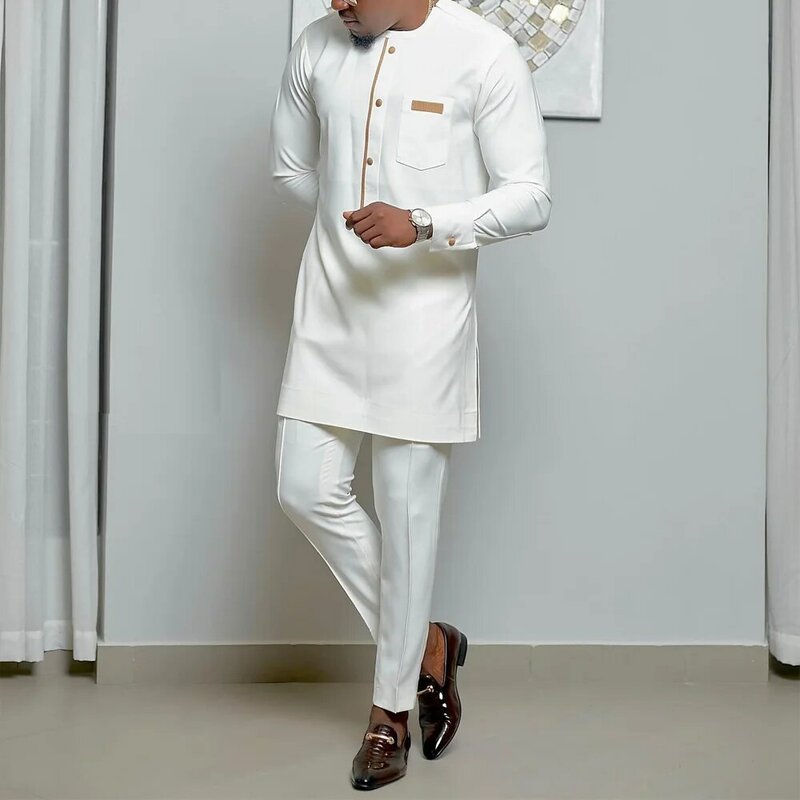 Caftán elegante africano para hombre, conjunto de 2 piezas, Tops y pantalones étnicos de manga larga, traje completo de lujo para boda
