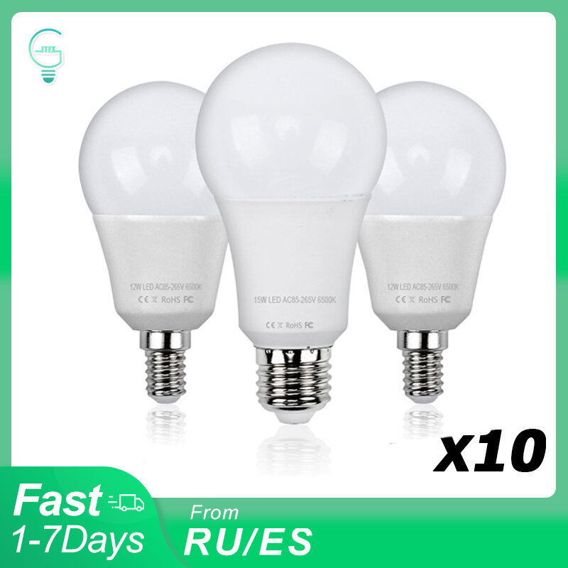 10 Buah Lampu LED E27 E14 Lampu LED 220V 240V Lampada Ampul Bombilla Daya Nyata 3W 5W 7W 9W 12W 15W Lampu LED Smart IC