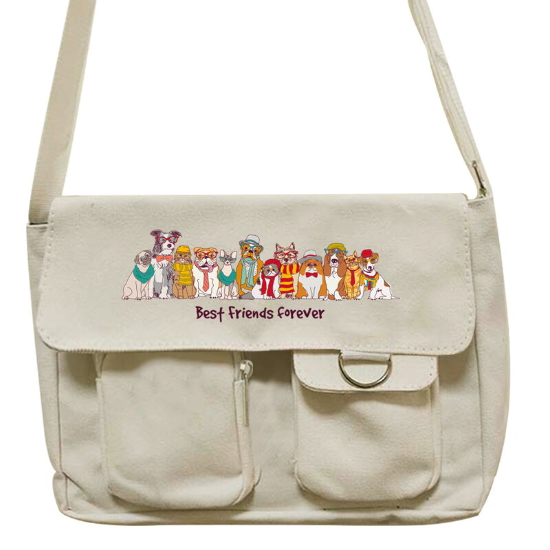Canvas Messenger Bag Women's Casual Satchel Girls Handbag Shoulder Large Capacity Tote Bag Dog Pattern Shopping Bags