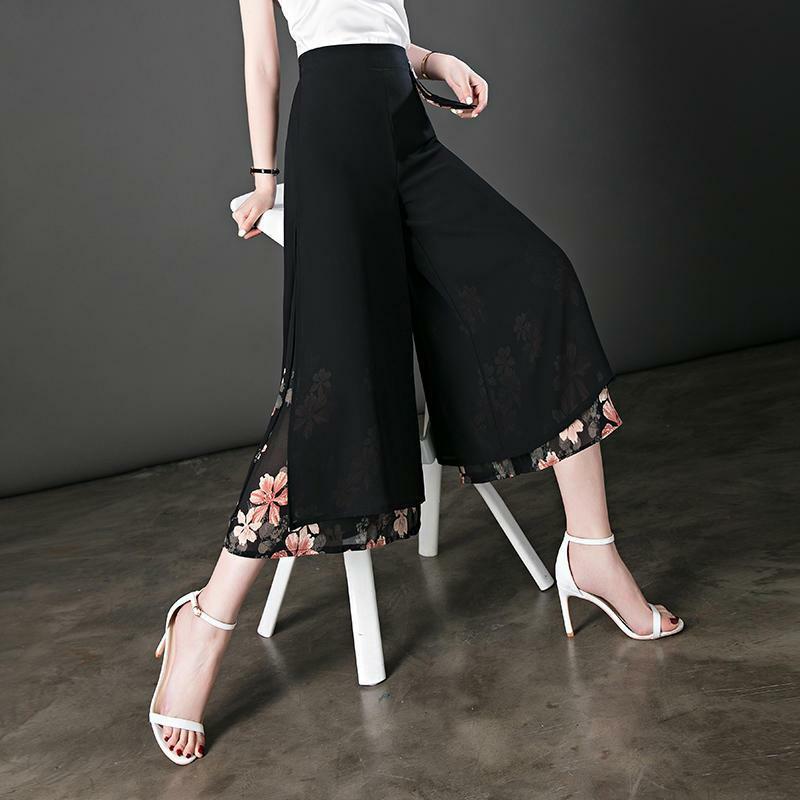 2024 baru Chiffon lurus hitam musim panas Vintage Patchwork celana kaki lebar pinggang tinggi wanita tren warna Solid pakaian wanita