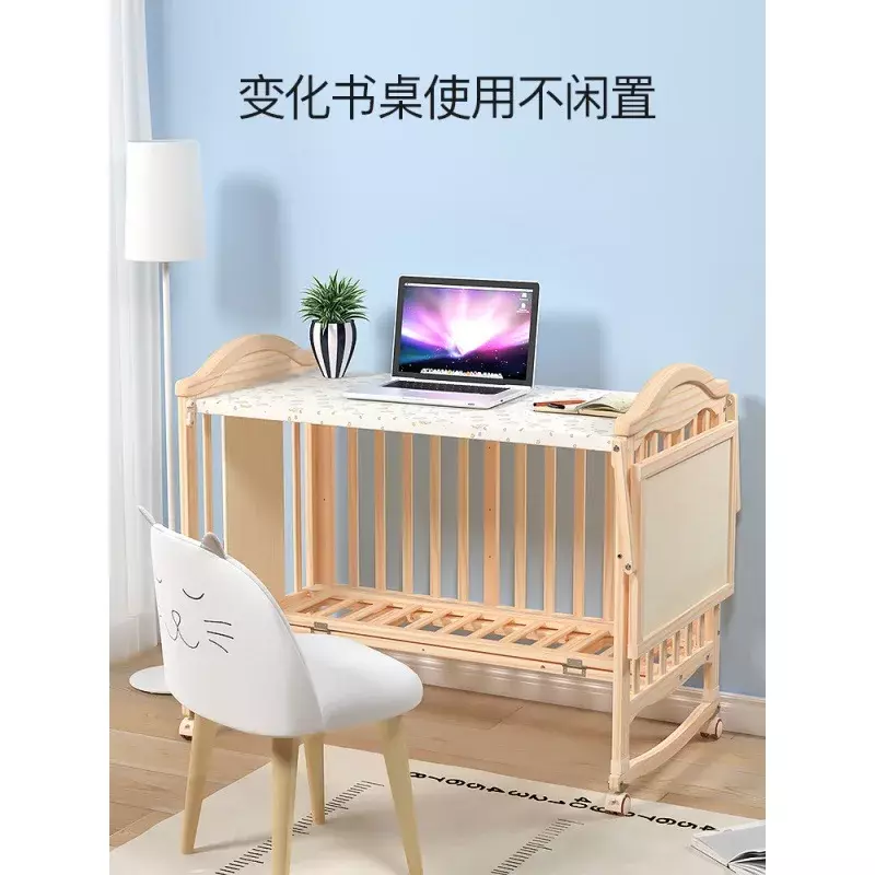 Cuna de bebé Bb de madera maciza sin pintar, Cama grande de empalme móvil multifuncional para niños