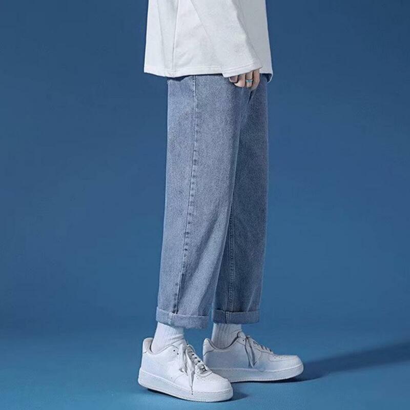 Jeans de perna larga masculino com bolsos com zíper, calça jeans, ajuste solto, streetwear casual, visual elegante