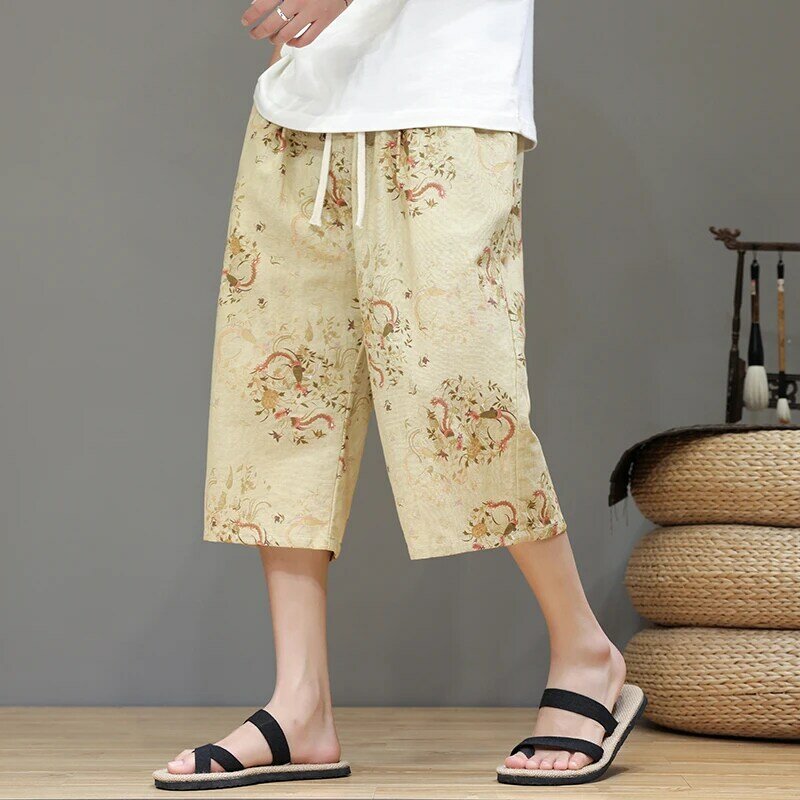 Letnie szarawary męskie bawełniane Harajuku spodnie do joggingu męskie spodnie w stylu Vintage z elastyczną talią nowa, w stylu Streetwear do łydek