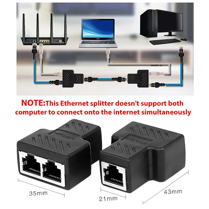 Duplo Cabo de Rede Splitter, LAN RJ45 Ethernet Port Extender, Conector Plug, Adaptador, Laptop Docking, 1 a 2 Way
