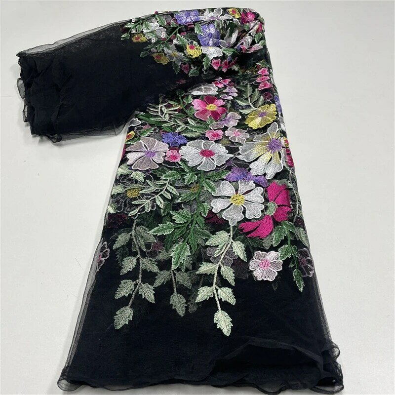 Tela de encaje de tul de flores 3D nigerianas, tela de encaje de red bordada de lujo africano para vestido de graduación de lana, 2024,1 yardas, 5 yardas