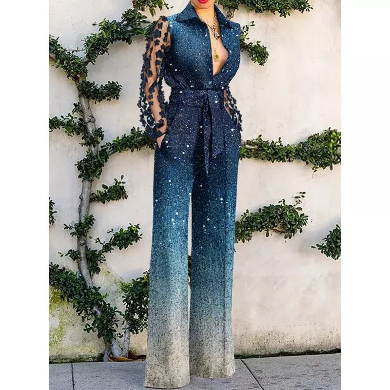 2024 Spring Summer New Women's Clothing Sexy Lace See-through Long Sleeve Stitching One-Piece Trousers
