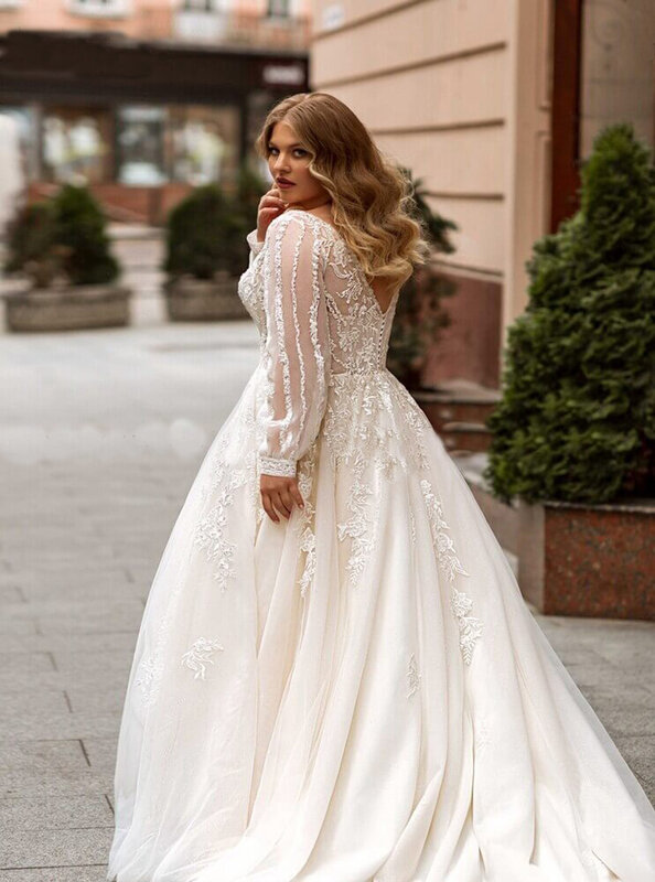 Gaun pernikahan ukuran besar A-line cantik 2023 untuk wanita gaun pengantin applique leher-v lengan panjang Tulle gaun pengantin elegan Robe de Mariee