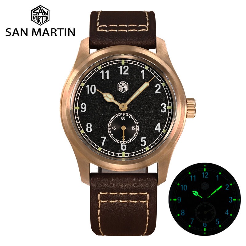 2022 San Martin Мужские кварцевые часы 37 мм Бронзовый пилот RONDA 6004 винтажные военные модные часы с кожаным ремешком 10 бар мужские часы