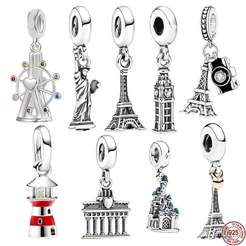 Heiße 925 Sterling Silber Kamera Eiffelturm Freiheits statue baumeln Schloss Perle passen original Pandora Armband DIY Charme Schmuck
