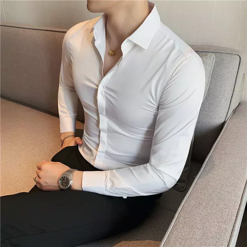Camisas de manga comprida de alta elasticidade masculina, camisa formal, slim fit, monocromática, roupa de negócios, moda casual, outono, 2022
