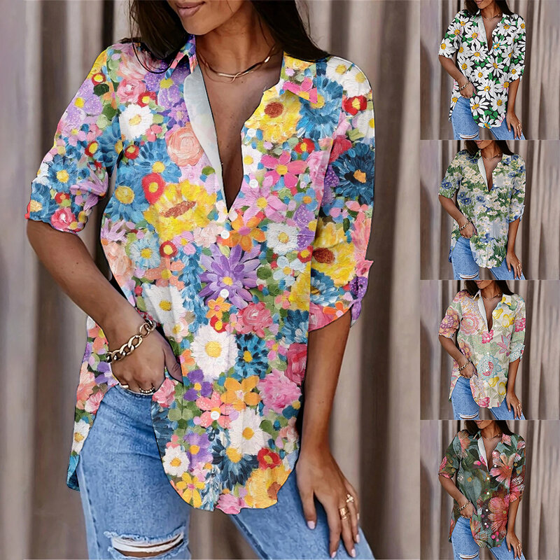 Camisa de botão manga comprida, elegante estampado floral fresco, confortável camisa de escritório solta, moda casual de rua, nova, 2024