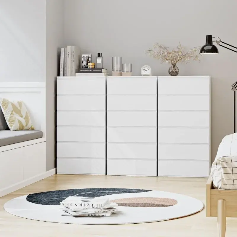 White Dresser, 6 Drawer Dresser, Modern Tall Floor Storage Cabinet with Metal Sliding Rail, Wooden Handleless Drawer Cabinet