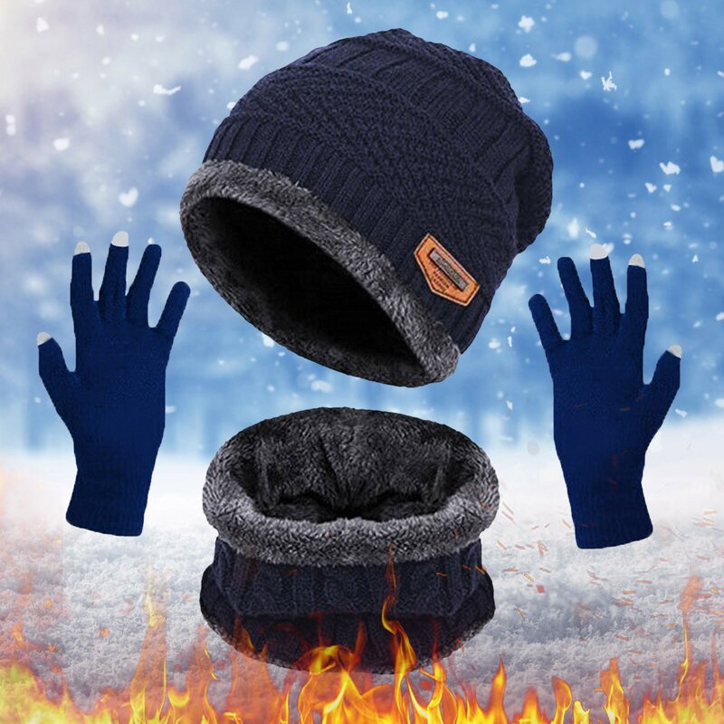 Мужская и женская зимняя шапка, теплый шарф, набор перчаток для сенсорного экрана, теплый шейный плотный вязаный комплект, шапка, перчатки, шарф