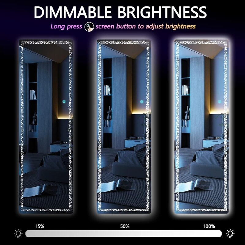 Espejos de piso de longitud completa, 62 "X 17", con luces LED, luz de patrón triangular, atenuación y 3 modos de Color, blanco