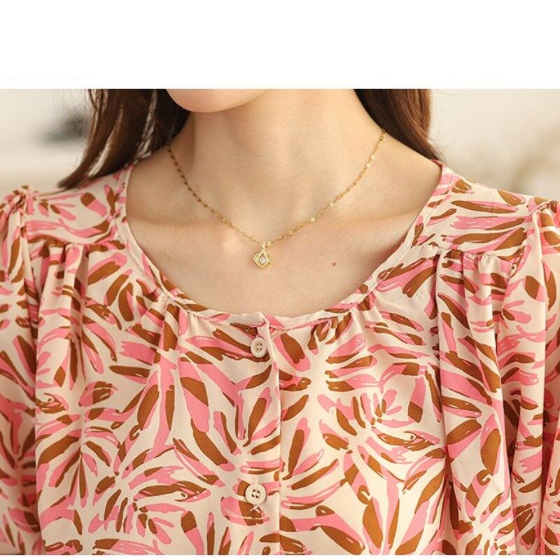 Women's Spring Autumn Crew Neck Pullover Button Geometric Printing Lantern Long Sleeve Contrast Color Chiffon T-shirt Tops