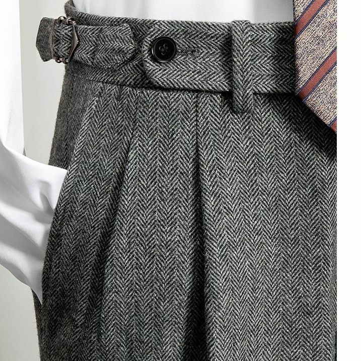 Мужские шерстяные брюки с завышенной талией, темно-синие твидовые деловые повседневные длинные прямые брюки, модель H336 на осень-зиму 2023