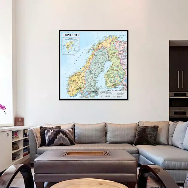 Peta Kota Norwegia Dalam Bahasa Rusia 90*90Cm Lukisan Kanvas Seni Dinding Cetak Ruang Dekorasi Rumah Perlengkapan Sekolah