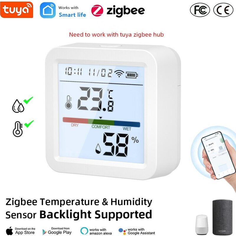 ZigBee Tuya Sensor kelembapan suhu rumah pintar, dengan lampu latar LCD bekerja dengan Google Assistant dan perlu Tuya Zigbee Hub