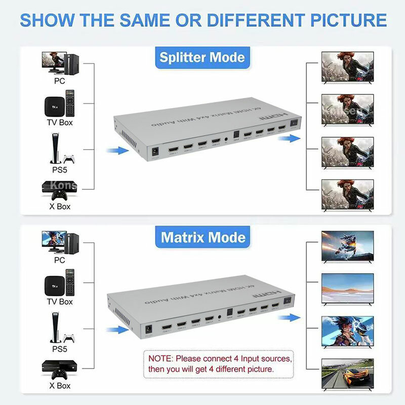 Matriz compatible con HDMI con Extractor de Audio, 4K @ 60Hz, 4x4, HDR, 18gbps, HDMI 2,0, matriz, conmutador, divisor 4 en 4, soporte RS232