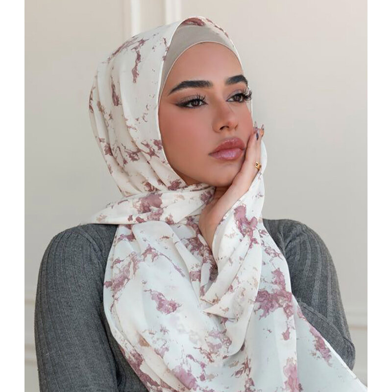 ผู้หญิงชีฟองมุสลิมฮิญาบผ้าคลุมไหล่ผ้าพันคอมุสลิมพิมพ์ยาว Hijabs Modal นุ่มอิสลามอาหรับ Headband ผ้าพันคอ70*180ซม.ของขวัญ