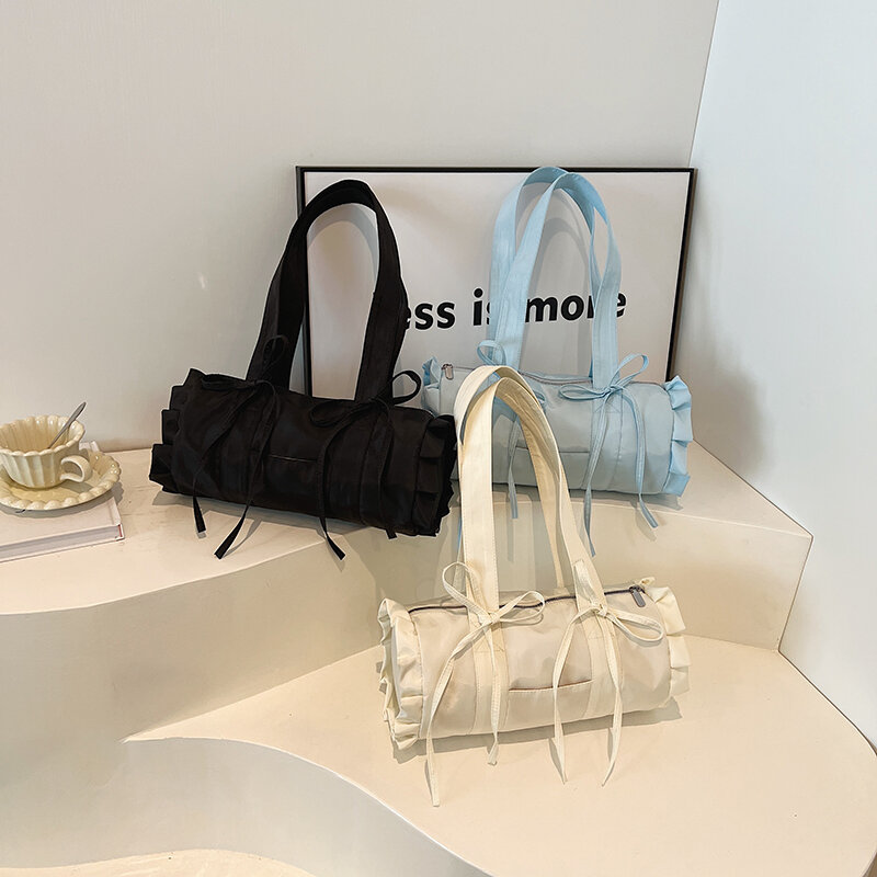 Solid Color Bow Design Canvas Shoulder Bag for Women 2024 Korean Fashion Sweet Underarm Bag Handbags Shopper Shopping Bags