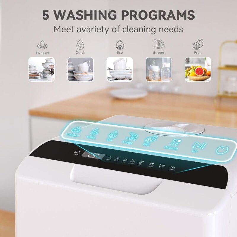 Meja mesin cuci piring portabel, 5 program cuci piring kecil dengan tangki air bawaan 5 Liter, perawatan bayi