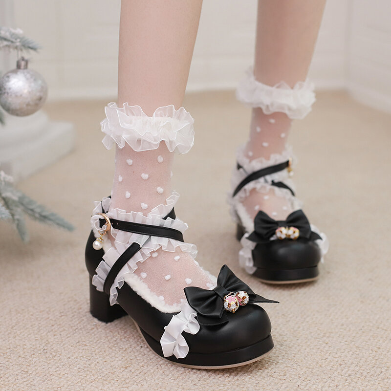 Mary Jane-zapatos de tacón alto con correa cruzada para mujer, calzado de fiesta, boda, blanco, rosa, negro, volantes, arco, Princesa, Cosplay, Lolita, 31-43