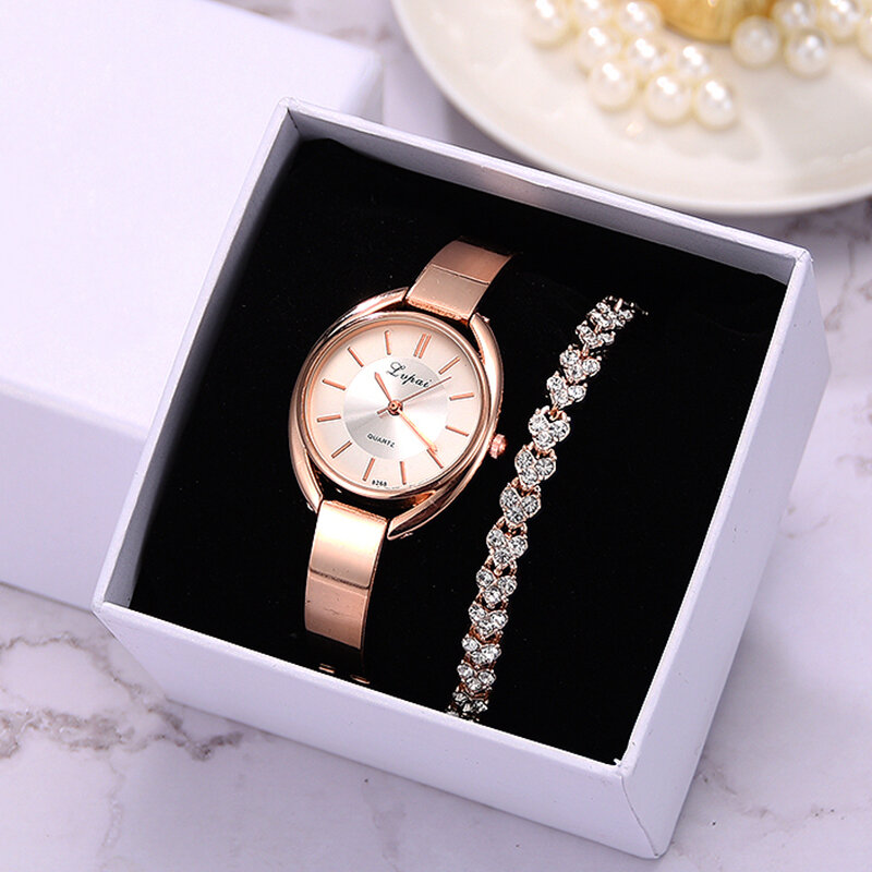 Женские кварцевые наручные часы Lvpai, комплект из 2 предметов, часы с браслетом и платьем, роскошные часы цвета розового золота, Прямая поставка