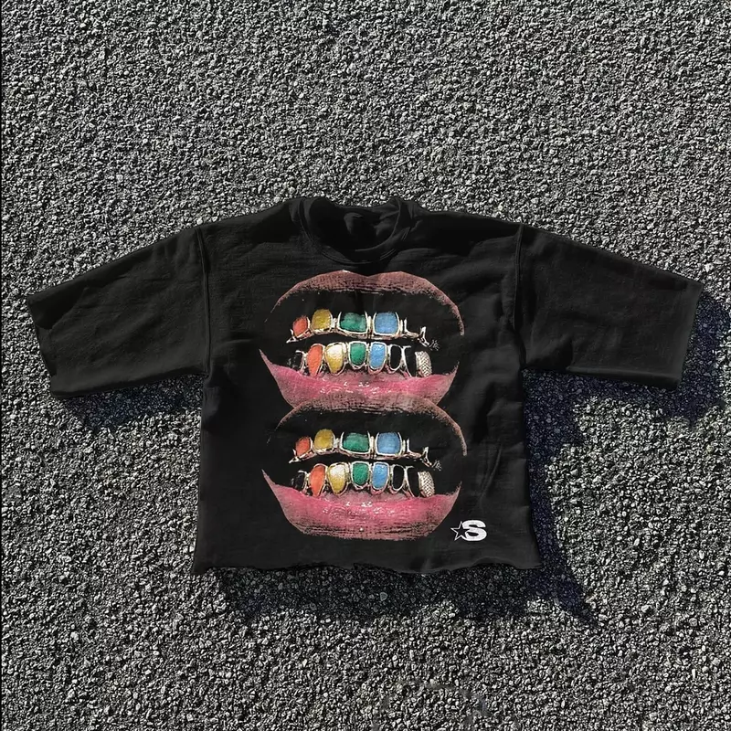 Summer Pure Cotton Oversized Teeth Graphic T Shirts for Men Women Y2k Top Hip Hop Harajuku Fashion Round Neck Pure Short Sleeves