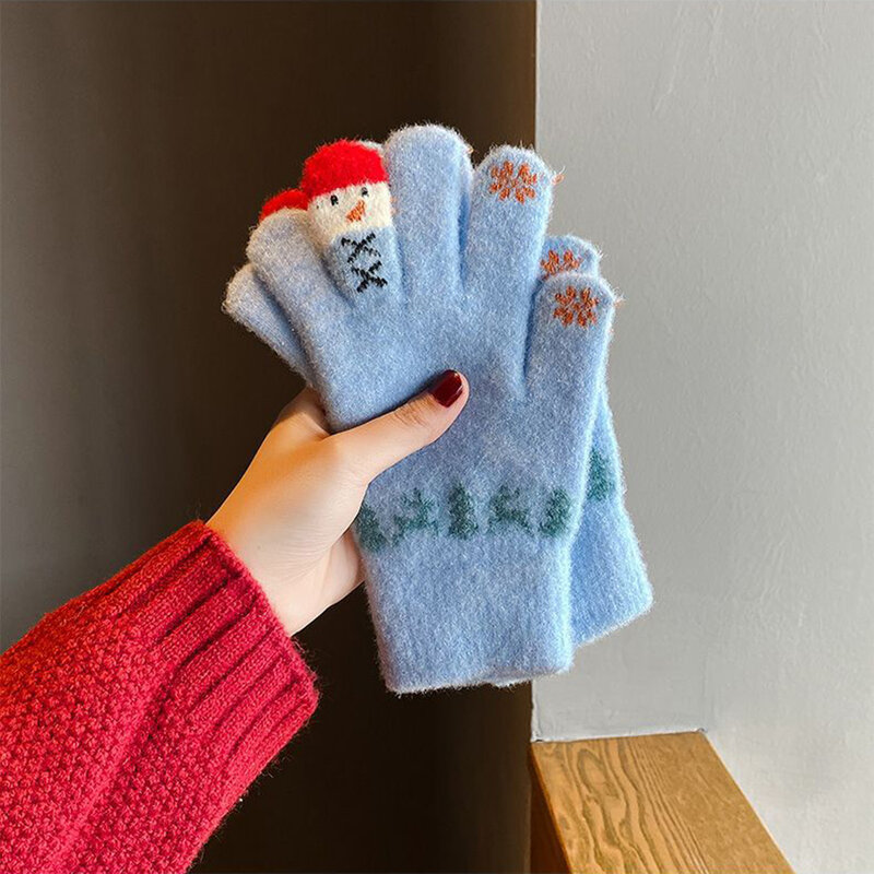 Kawaii Christmas Knitted Woolen Gloves Winter Warm Thermal Mittens For Women Girls Cute Fashionable Snowman Five Fingers Glove