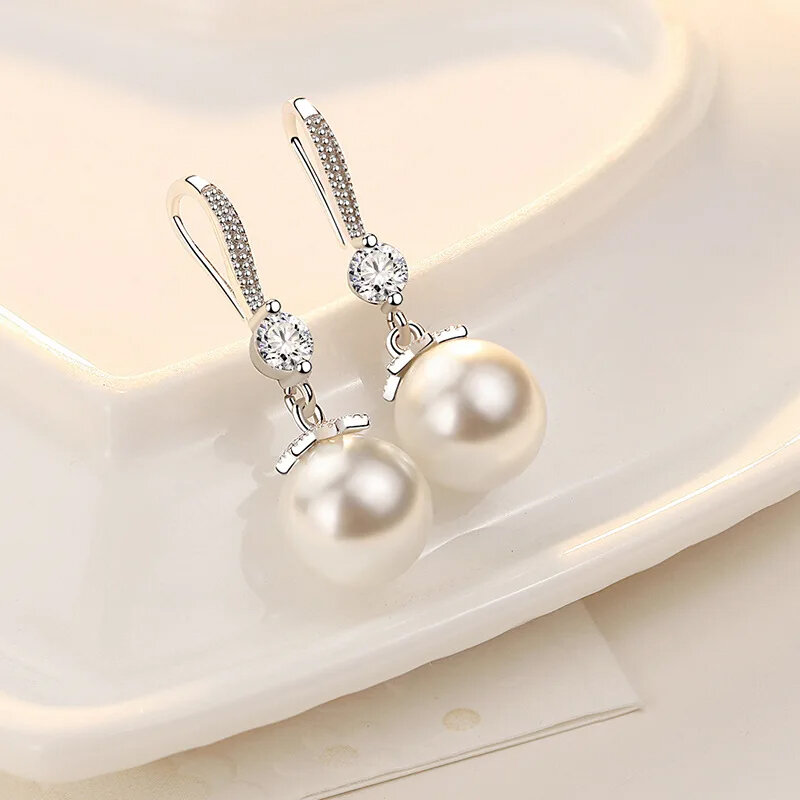 URMYLADY Fine 925 Sterling Silver Luxury Crystal Zircon Pearl Earrings Charms for Woman Engagement Wedding Jewelry gift