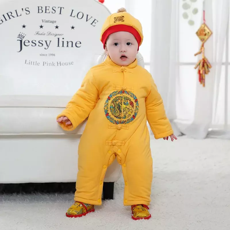 Fato Tang peça única com mangas compridas e chapéu infantil, bonito macacão vermelho, festa de aniversário, terno de lua cheia, roupas para bebê, outono e inverno