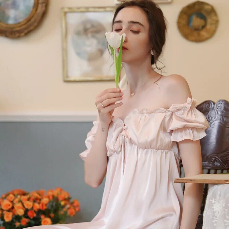 Pyjama en soie glacée pour femmes, robe de maison, Style princesse française, Sexy, printemps et été