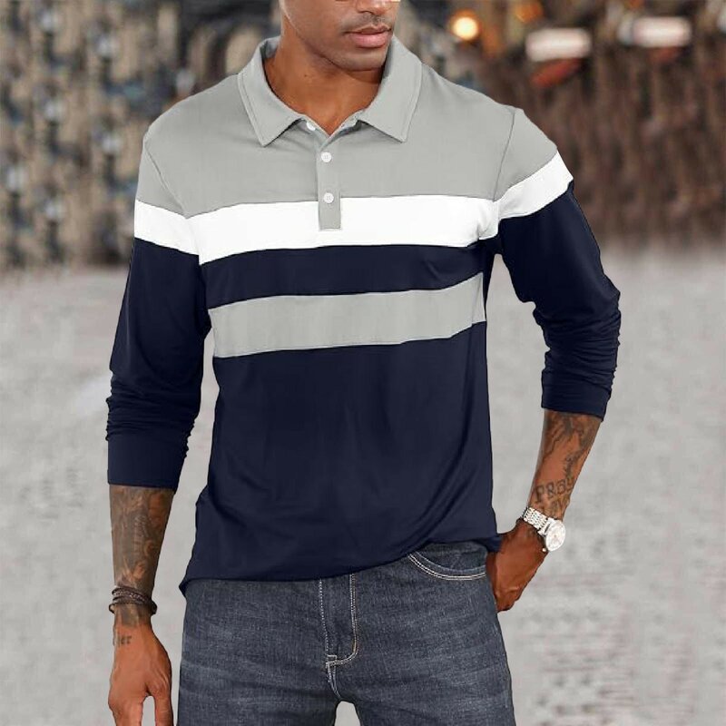 Camiseta holgada de manga larga con solapa para hombre, camisa activa de moda, primavera y otoño