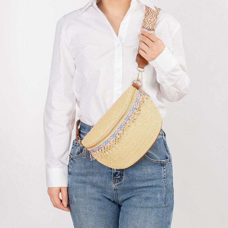 Boho tas selempang jerami wanita, kantung pinggul tali gitar serbaguna Vintage untuk perempuan