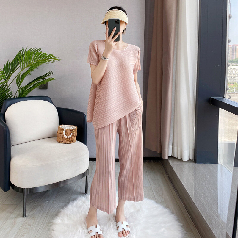 Nieuwe Geplooide Pyjama Voor Dames 2 Stuks Outfits Set Zomer Losse Onregelmatige Top Rechte Pijpen Nachtkleding Pak Office Lady Set