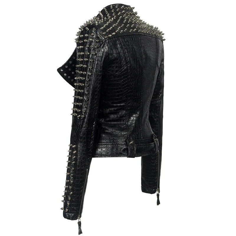 2024 Steampunk Rock Rivet Women's Leather Jacket Slim Short Streetwear Gothic Embroidery PU Leather Locomotive Coat Femme