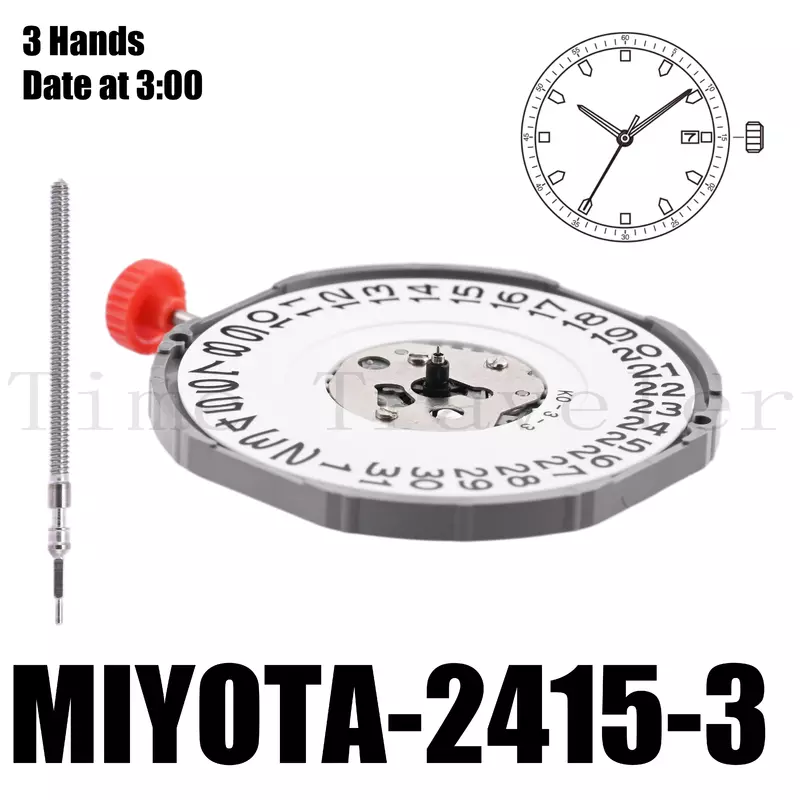 Механизм Miyota 2415, размер механизма 13, 2415 дюйма, высота 1/2 мм, точность ± 20 сек в месяц, 3 стрелки, дата 3:00, 4,35