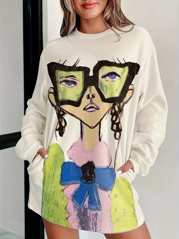 Женская толстовка с капюшоном, футболка, топ, осень 2024, повседневный СВОБОДНЫЙ Модный пуловер с принтом, толстовка с круглым вырезом